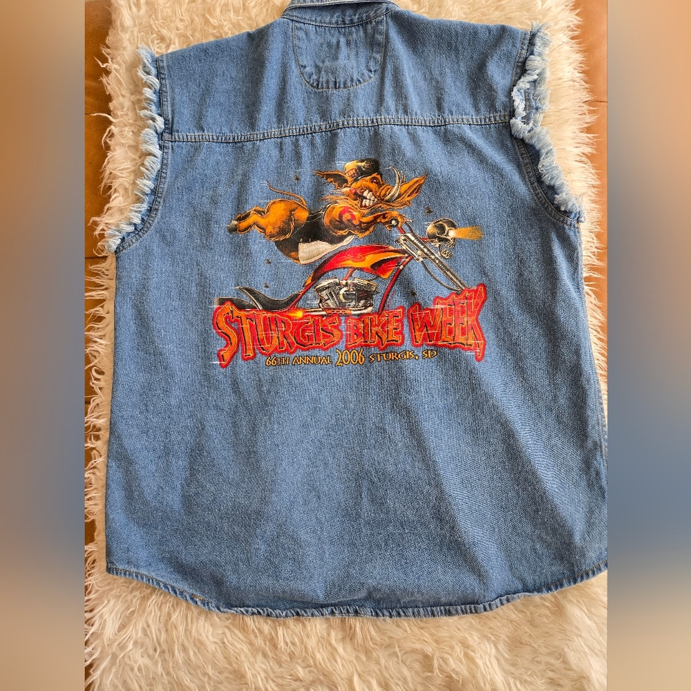 Sturgis Bike Week 2006 Blue Denim Sleeveless Button-Down Shirt Back Graphic - Picture 5 of 7